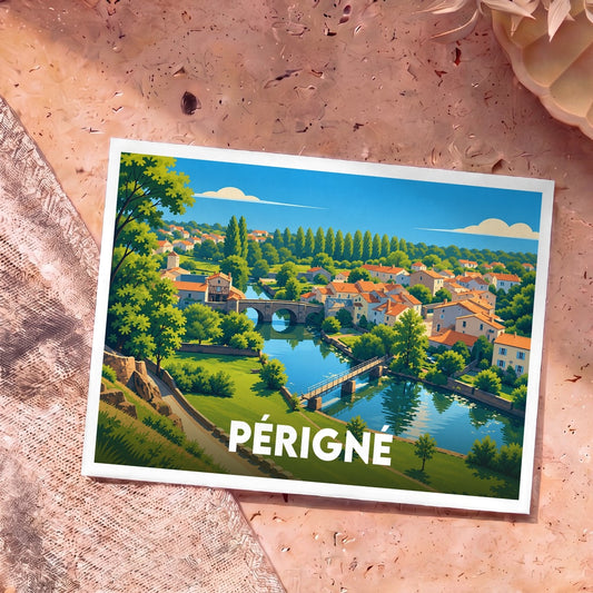 Carte postale souvenir de la ville de Périgné avec une illustration stylisée d'un village en bord de rivière.