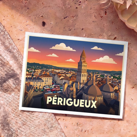Carte postale souvenir de la ville de Périgueux illustrant sa cathédrale et ses toits au coucher du soleil dans un style rétro.