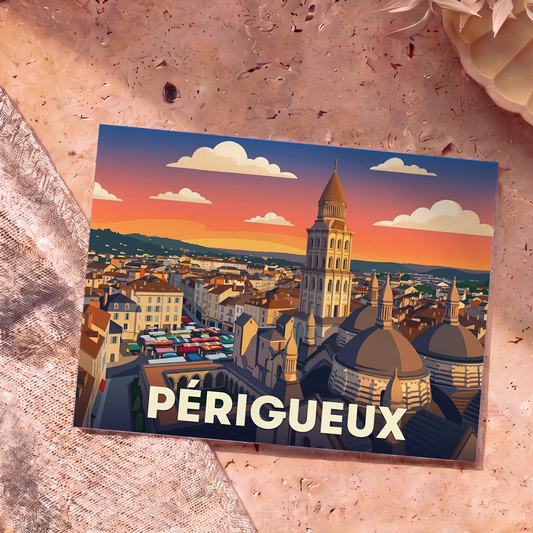 Carte postale souvenir de la ville de Périgueux illustrant sa cathédrale et ses toits au coucher du soleil dans un style rétro.