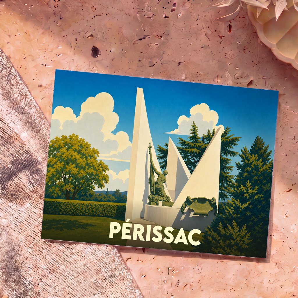 Carte postale souvenir de la ville de Périssac avec une illustration stylisée de son monument aux morts.