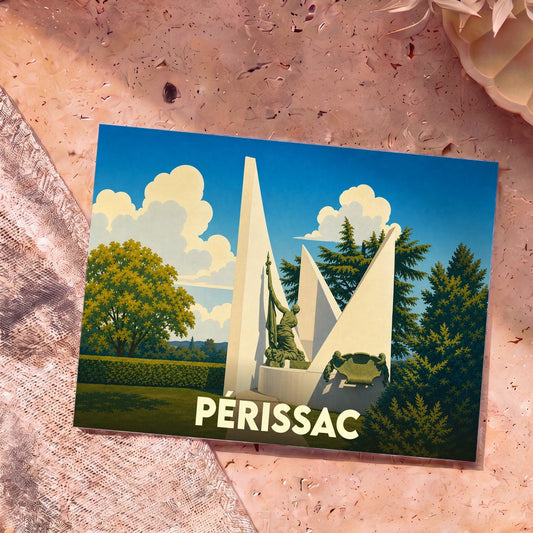 Carte postale souvenir de la ville de Périssac avec une illustration stylisée de son monument aux morts.