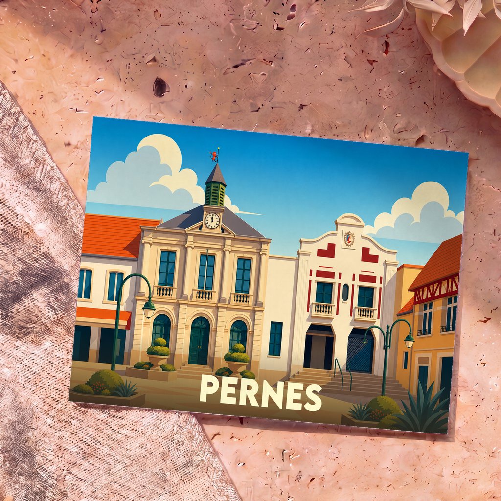 Carte postale souvenir de la ville de Pernes avec une illustration stylisée de sa place principale.