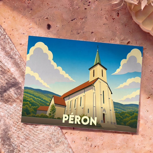 Carte postale souvenir de la ville de Péron illustrant son église dans un style graphique épuré.