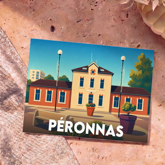 Carte postale souvenir de la ville de Péronnas avec une illustration stylisée de sa mairie.