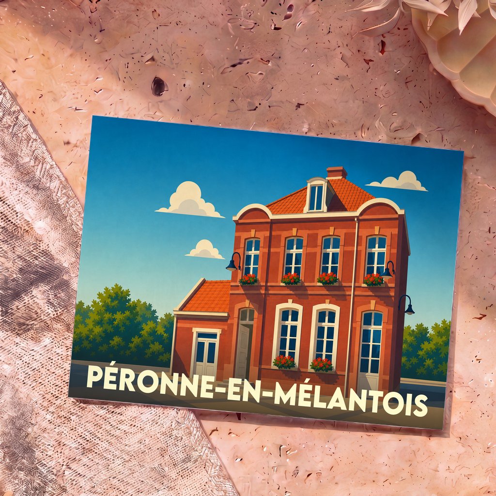 Carte postale souvenir de la ville de Péronne-en-Mélantois avec une illustration stylisée d'une maison typique en briques rouges.