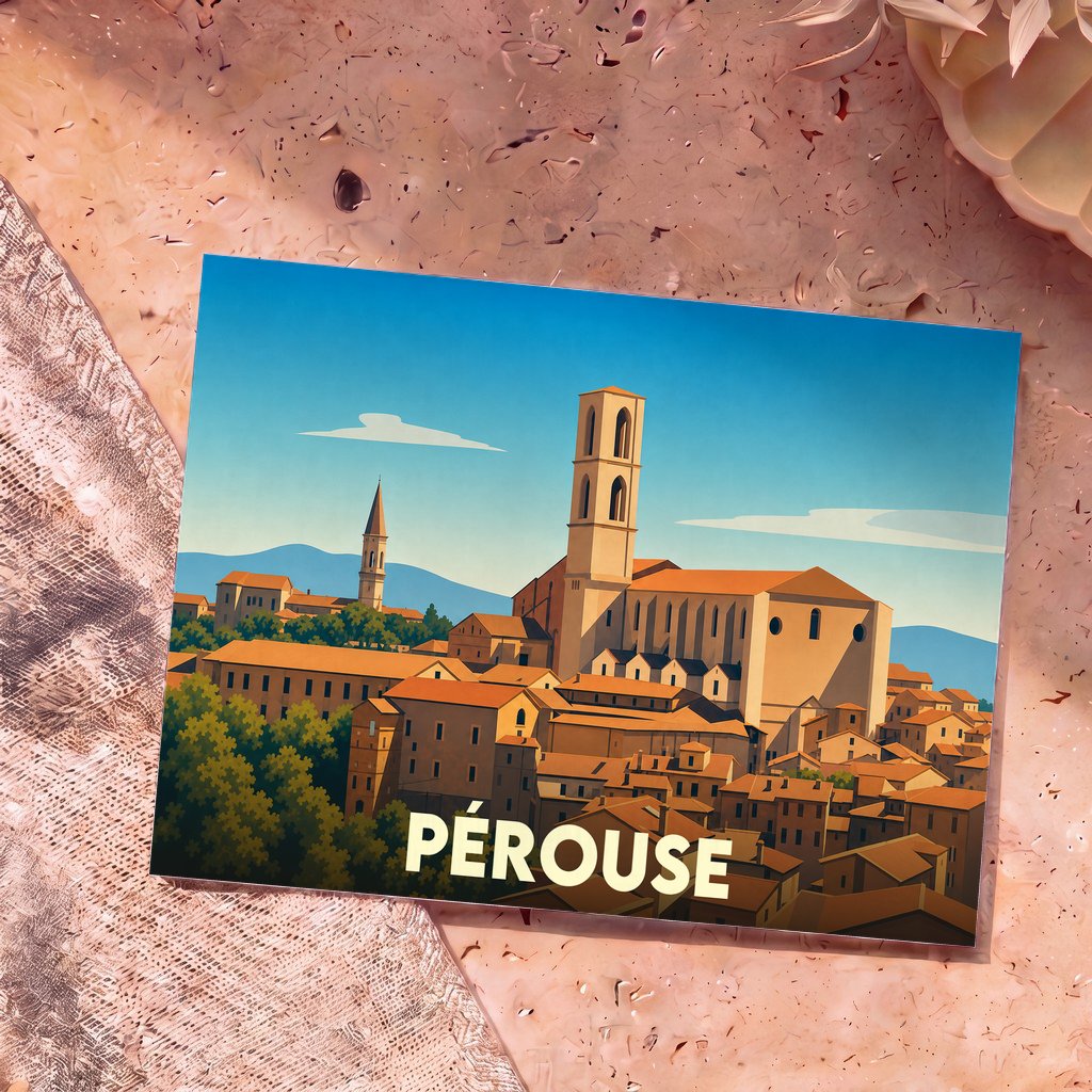Carte postale souvenir de la ville de Pérouse avec une illustration stylisée de ses monuments historiques.