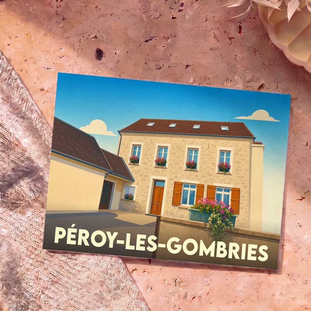 Carte postale souvenir de la ville de Péroy-les-Gombries avec une illustration stylisée d'une maison fleurie.