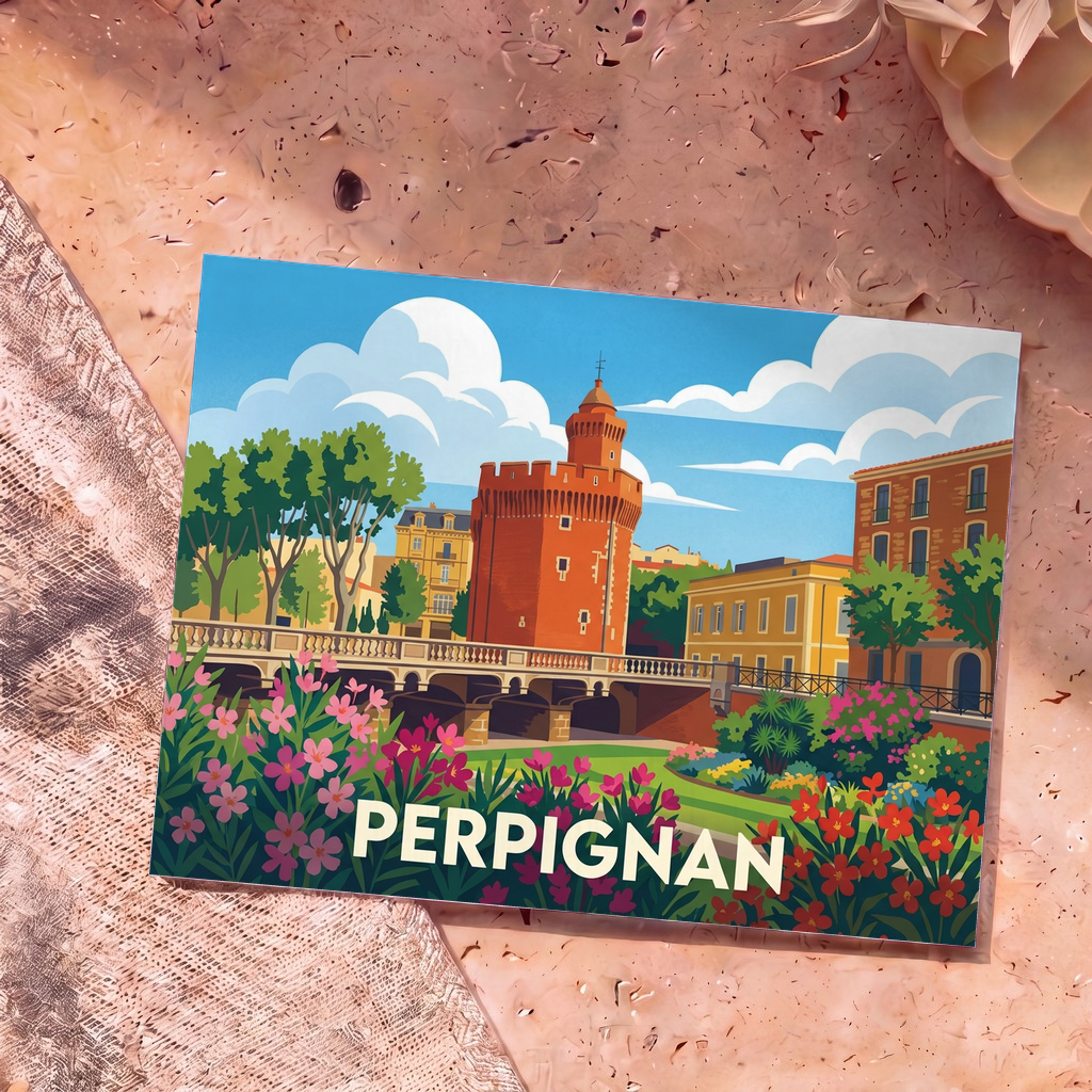 Carte postale souvenir de la ville de Perpignan illustrant le Castillet avec un style graphique coloré.