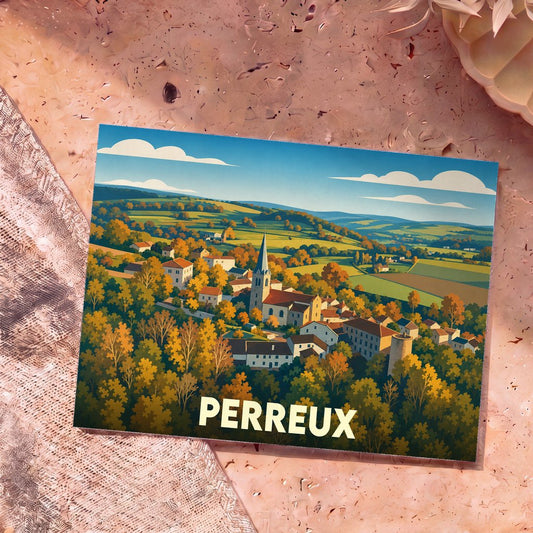 Carte postale souvenir de la ville de Perreux avec une illustration stylisée de son paysage vallonné.