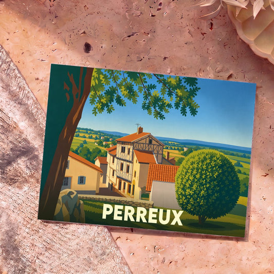 Carte postale souvenir de la ville de Perreux avec une illustration stylisée d'un village et de son paysage vallonné.