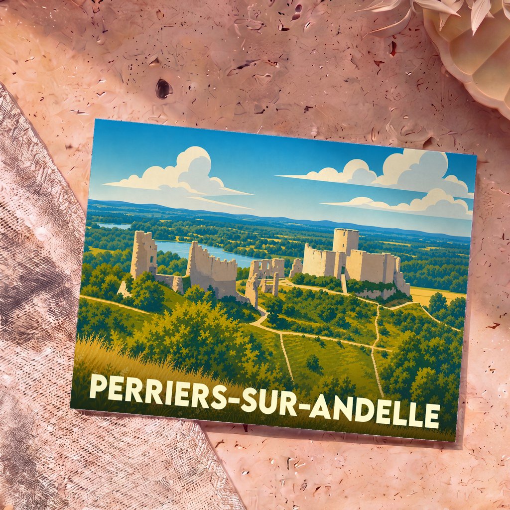 Carte postale souvenir de Perriers-sur-Andelle illustrant les ruines d'un château surplombant la vallée dans un style graphique épuré.
