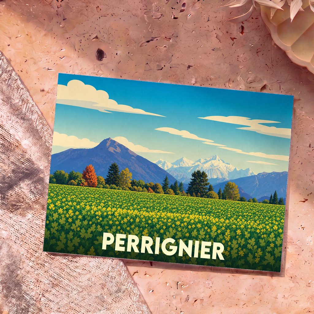 Carte postale souvenir de la ville de Perrignier avec une illustration stylisée de montagnes et d'un champ de fleurs.