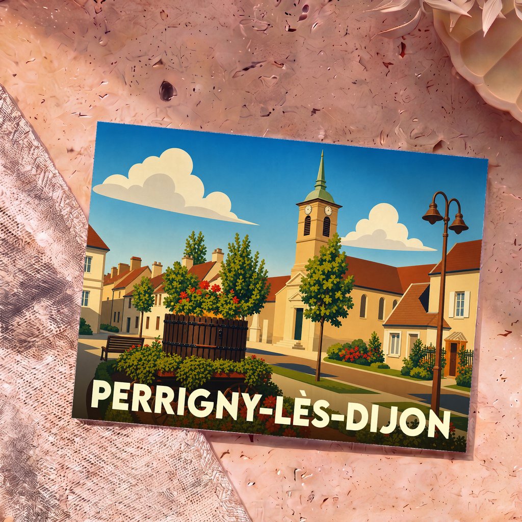 Carte postale souvenir de la ville de Perrigny-lès-Dijon avec une illustration stylisée.