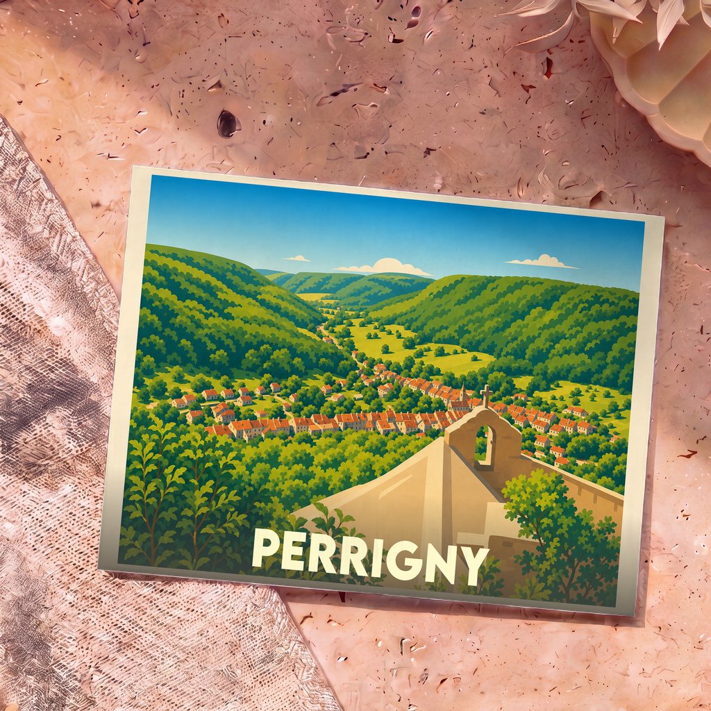 Carte postale souvenir de la ville de Perrigny avec une illustration stylisée d'un village niché dans une vallée verdoyante.