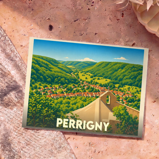 Carte postale souvenir de la ville de Perrigny avec une illustration stylisée d'un village niché dans une vallée verdoyante.