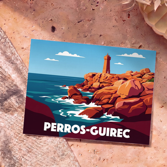 Carte postale souvenir de la ville de Perros-Guirec avec une illustration stylisée du phare de Men Ruz sur la côte de granit rose.