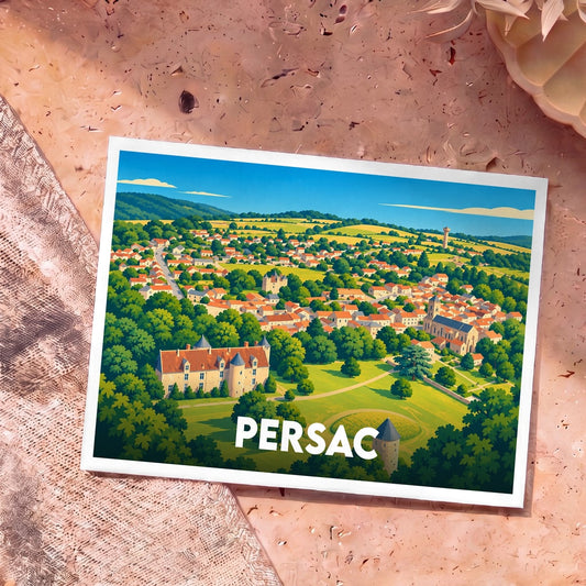 Carte postale souvenir de la ville de Persac avec une illustration stylisée et colorée.