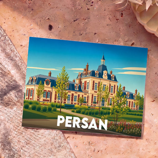 Carte postale souvenir de la ville de Persan illustrant son hôtel de ville dans un style graphique épuré.