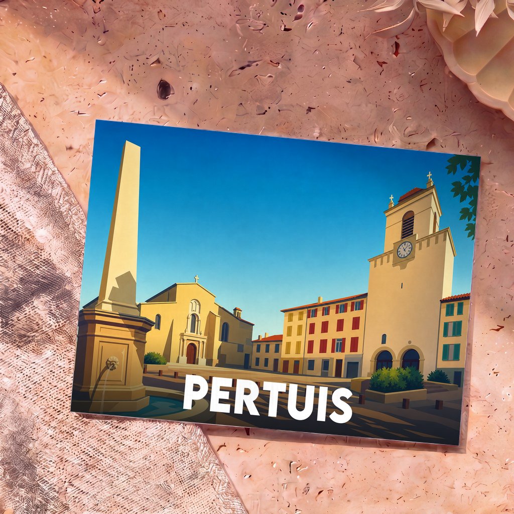 Carte postale souvenir de la ville de Pertuis avec une illustration stylisée de sa place principale.