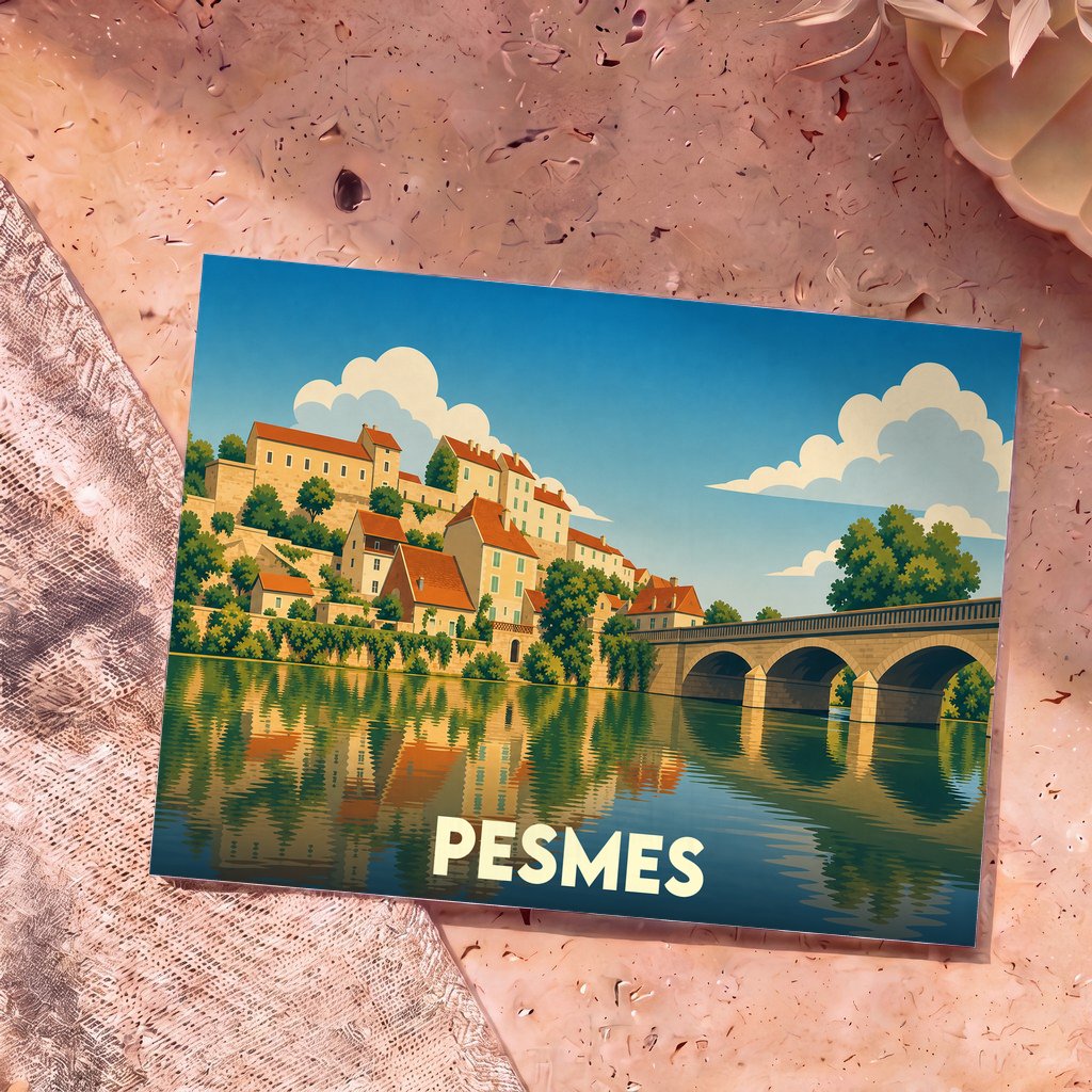 Carte postale souvenir de la ville de Pesmes avec une illustration stylisée d'un pont et de maisons au bord de l'eau.