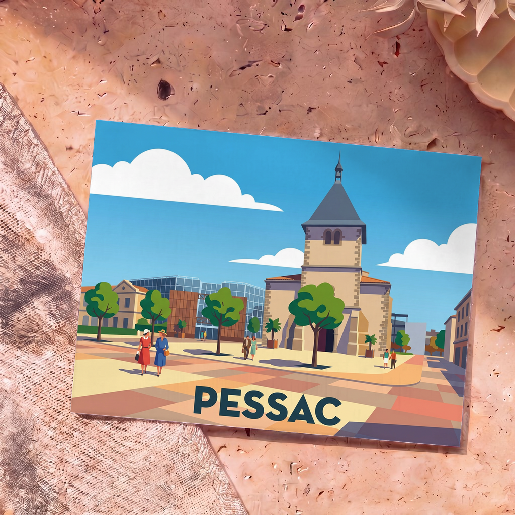 Carte postale souvenir de la ville de Pessac avec une illustration stylisée et colorée de son centre-ville.
