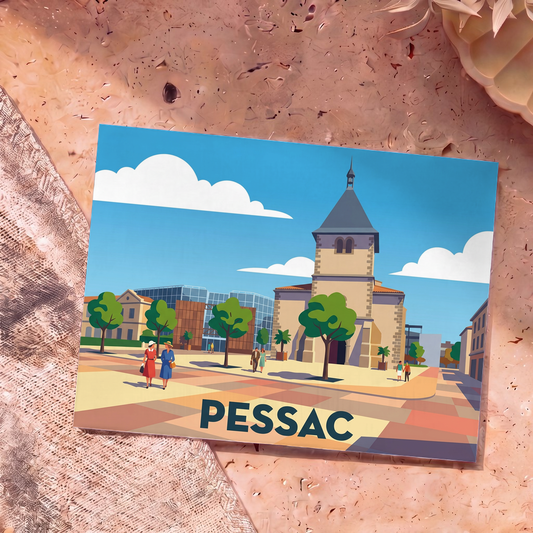 Carte postale souvenir de la ville de Pessac avec une illustration stylisée et colorée de son centre-ville.