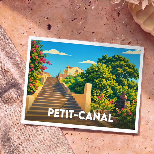 Carte postale souvenir de la ville de Petit-Canal illustrant les marches des esclaves dans un style graphique et coloré.