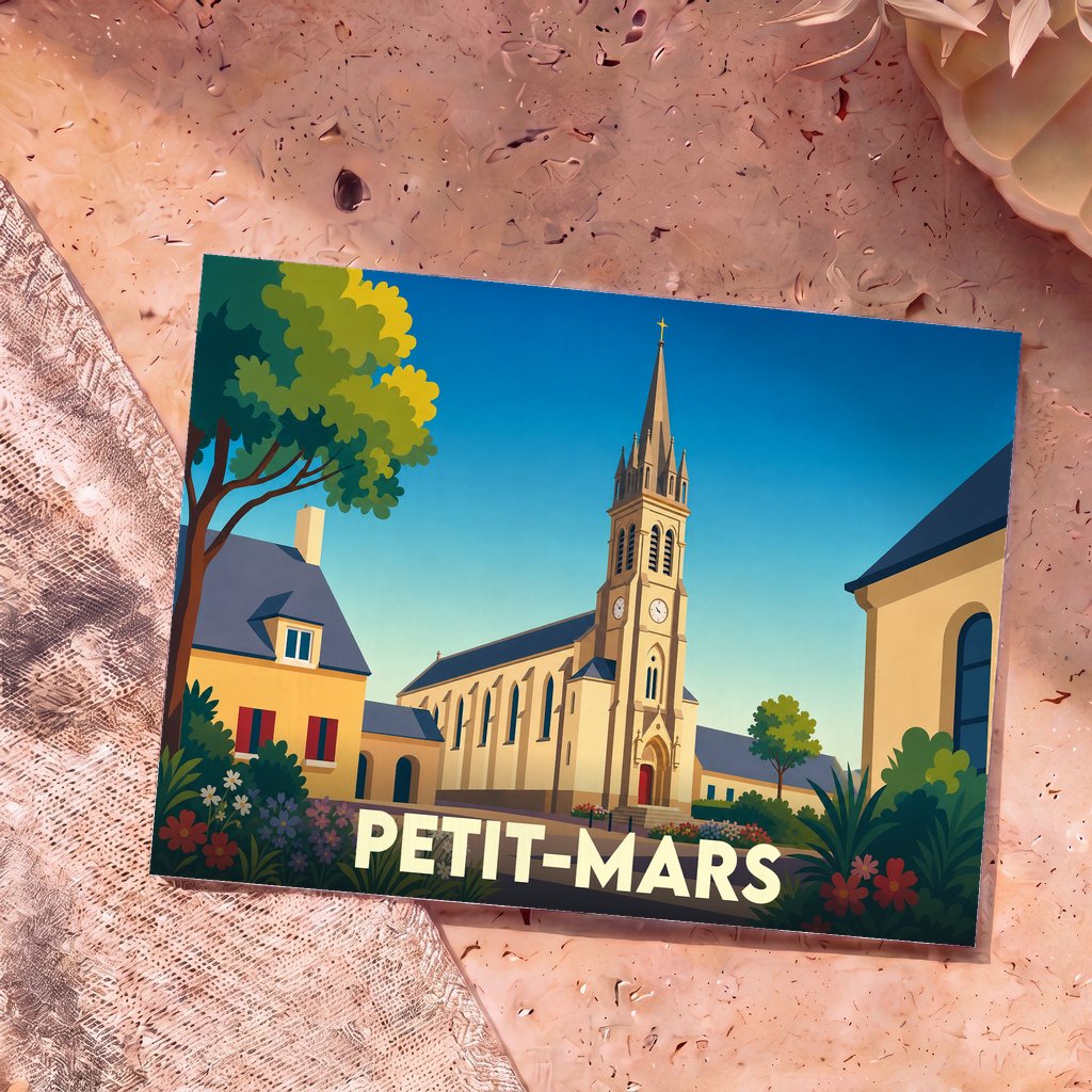 Carte postale souvenir de la ville de Petit-Mars avec une illustration stylisée de son église et de ses maisons.
