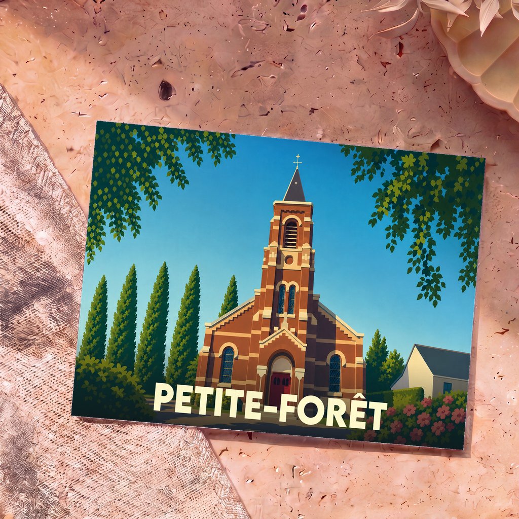 Carte postale souvenir de la ville de Petite-Forêt avec une illustration stylisée de son église.