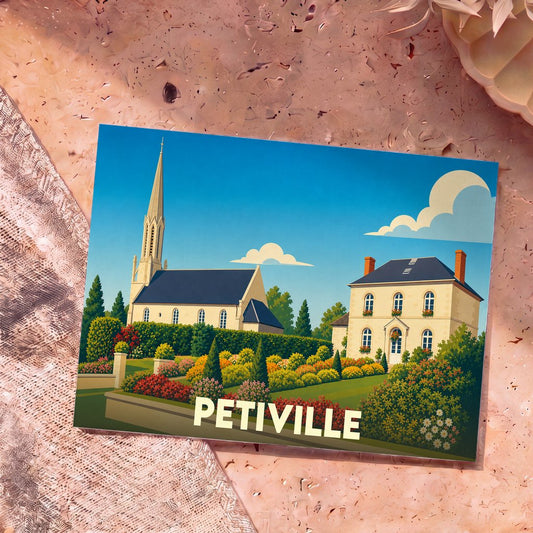 Carte postale souvenir de la ville de Petiville avec une illustration colorée d'une église et d'un jardin fleuri.