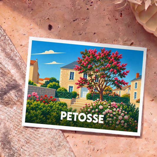 Carte postale souvenir de la ville de Petosse avec une illustration colorée et fleurie d'une maison de village.