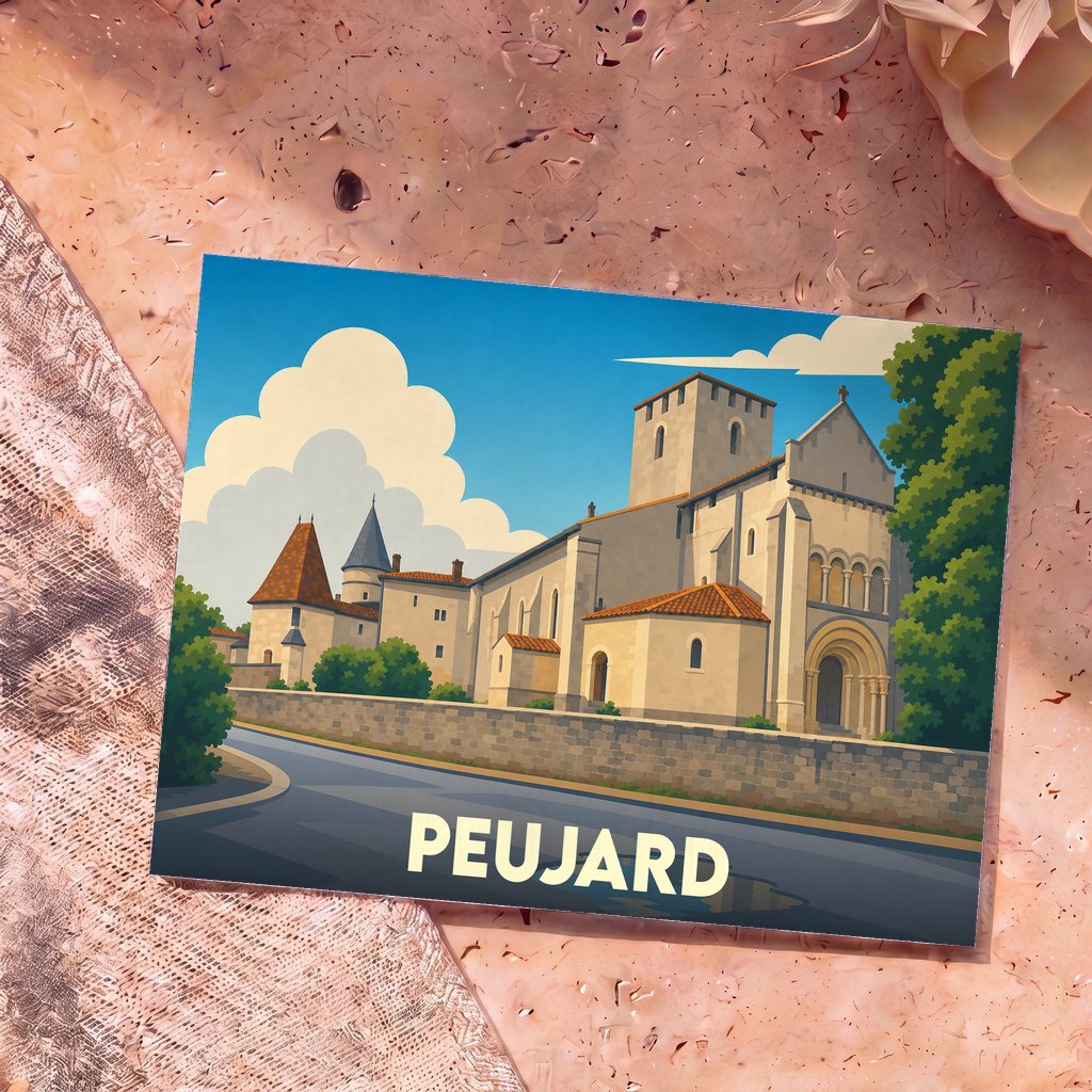 Carte postale souvenir de la ville de Peujard avec une illustration stylisée de son église romane.