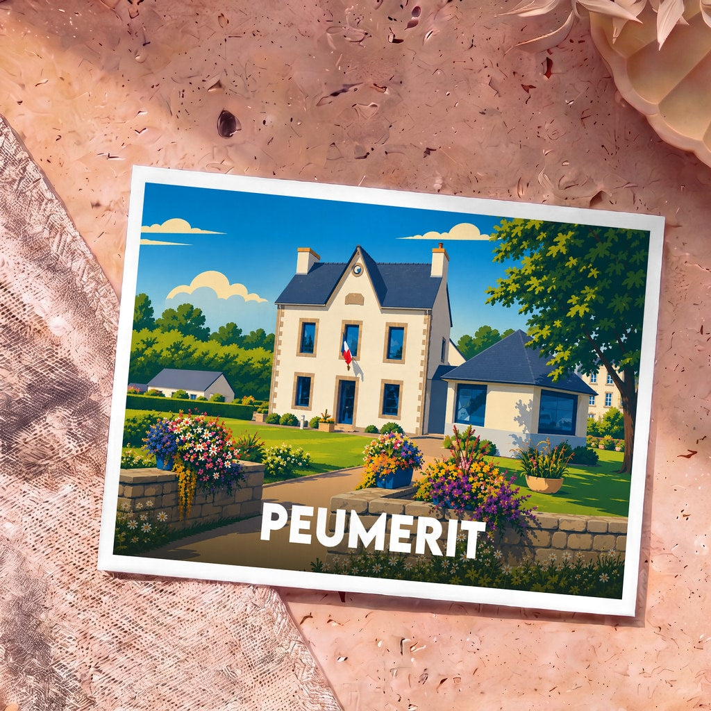 Carte postale souvenir de la ville de Peumerit illustrant une maison traditionnelle sous un ciel bleu ensoleillé.