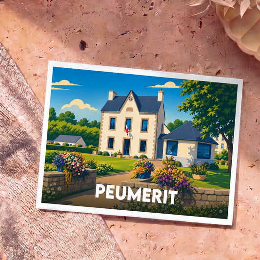 Carte postale souvenir de la ville de Peumerit illustrant une maison traditionnelle sous un ciel bleu ensoleillé.