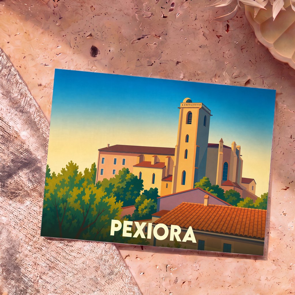 Carte postale souvenir de la ville de Pexiora avec une illustration stylisée de son église sous un ciel de coucher de soleil.