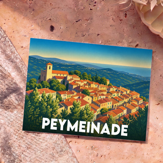Carte postale souvenir de la ville de Peymeinade avec une illustration stylisée d'un village provençal niché dans les collines.