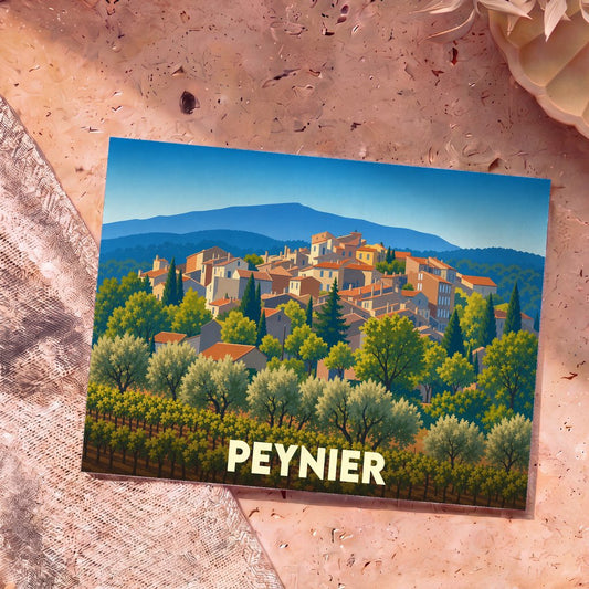 Carte postale souvenir de la ville de Peynier arborant une illustration stylisée d'un village provençal niché dans la végétation.