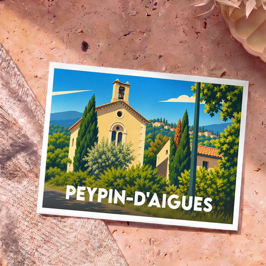 Carte postale souvenir de la ville de Peypin-d'Aigues avec une illustration stylisée.