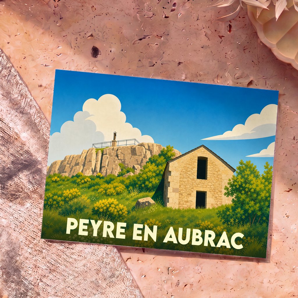 Carte postale souvenir de Peyre en Aubrac illustrant un paysage ensoleillé avec une maison en pierre et un sommet rocheux.