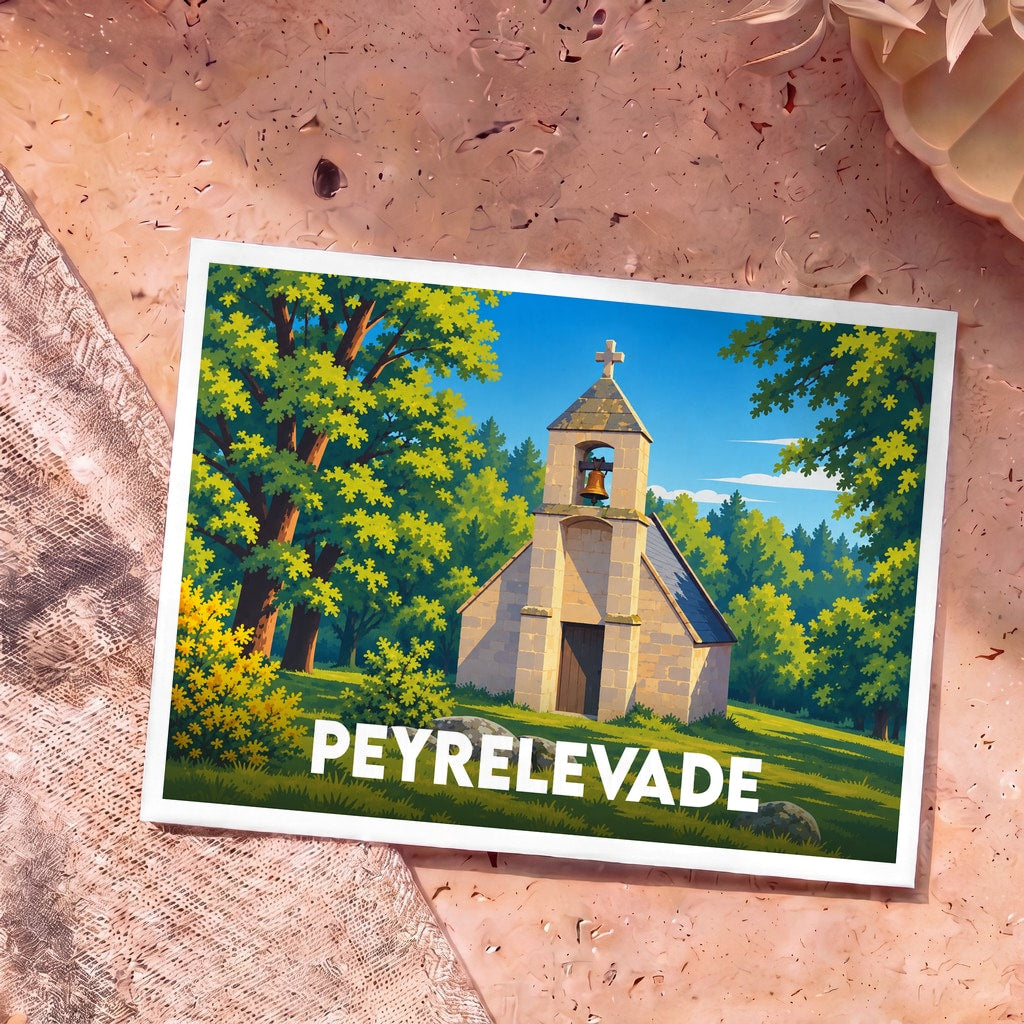 Carte postale souvenir de la ville de Peyrelevade avec une illustration stylisée d'une petite chapelle en pierre dans une forêt.