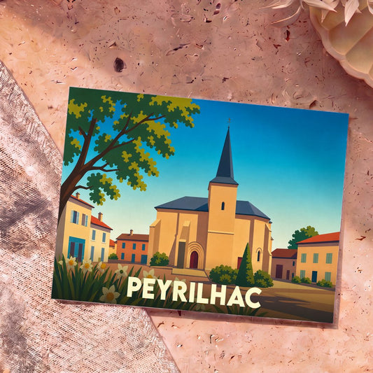 Carte postale souvenir de la ville de Peyrilhac avec une illustration stylisée de son église et de son village.