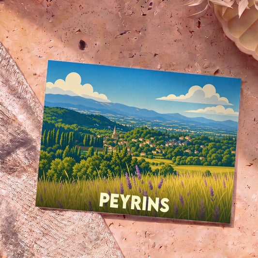 Carte postale souvenir de la ville de Peyrins avec une illustration stylisée d'un paysage vallonné.