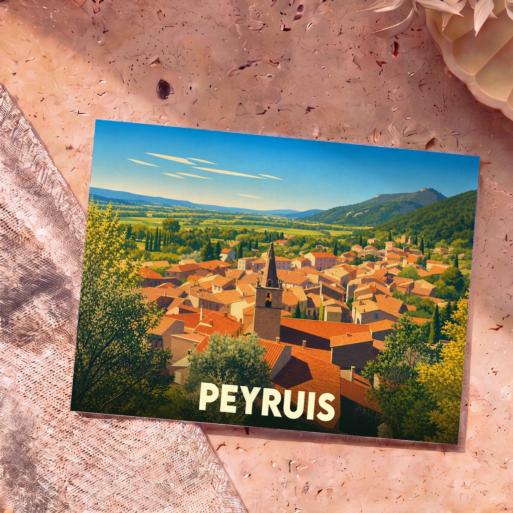 Carte postale souvenir de la ville de Peyruis avec une illustration stylisée d'un village provençal sous un ciel bleu.