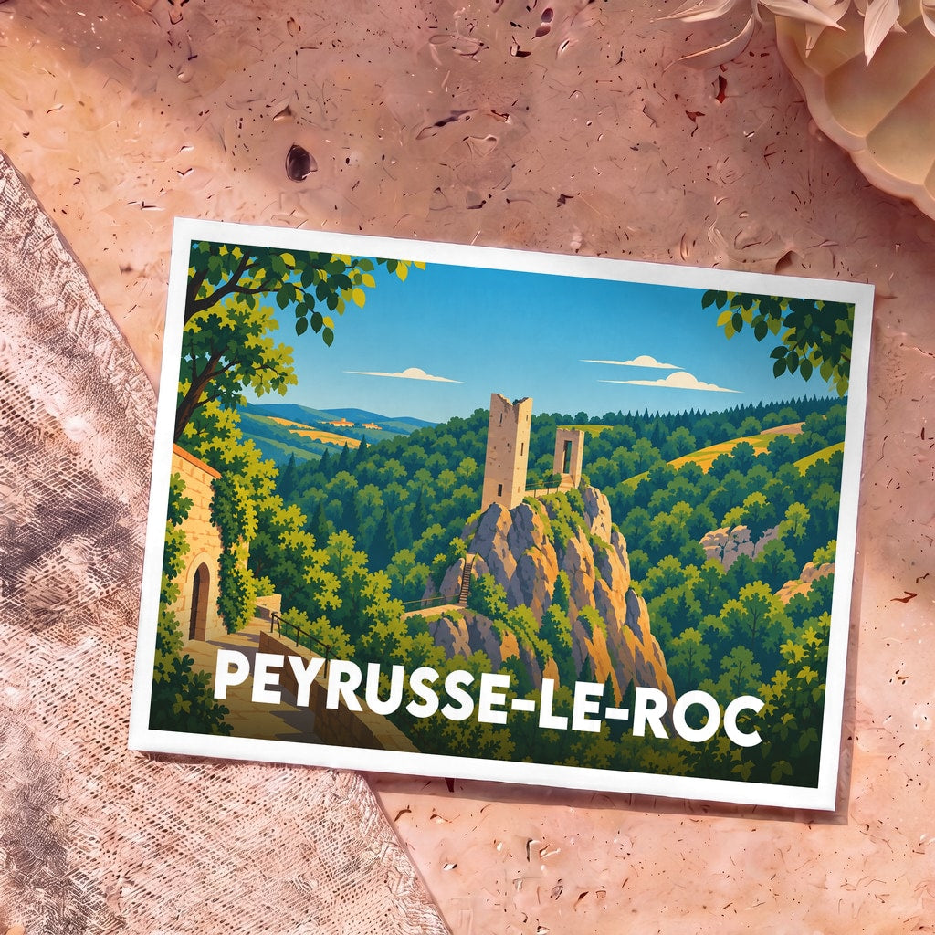 Carte postale souvenir de la ville de Peyrusse-le-Roc avec une illustration stylisée de ses tours médiévales.