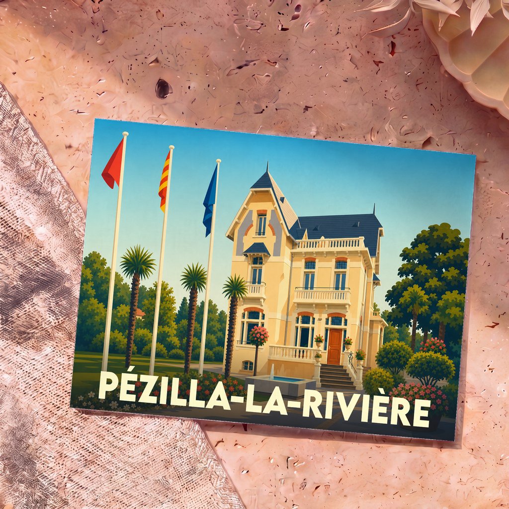 Carte postale souvenir de Pézilla-la-Rivière illustrant une demeure bourgeoise entourée de palmiers dans un style rétro.