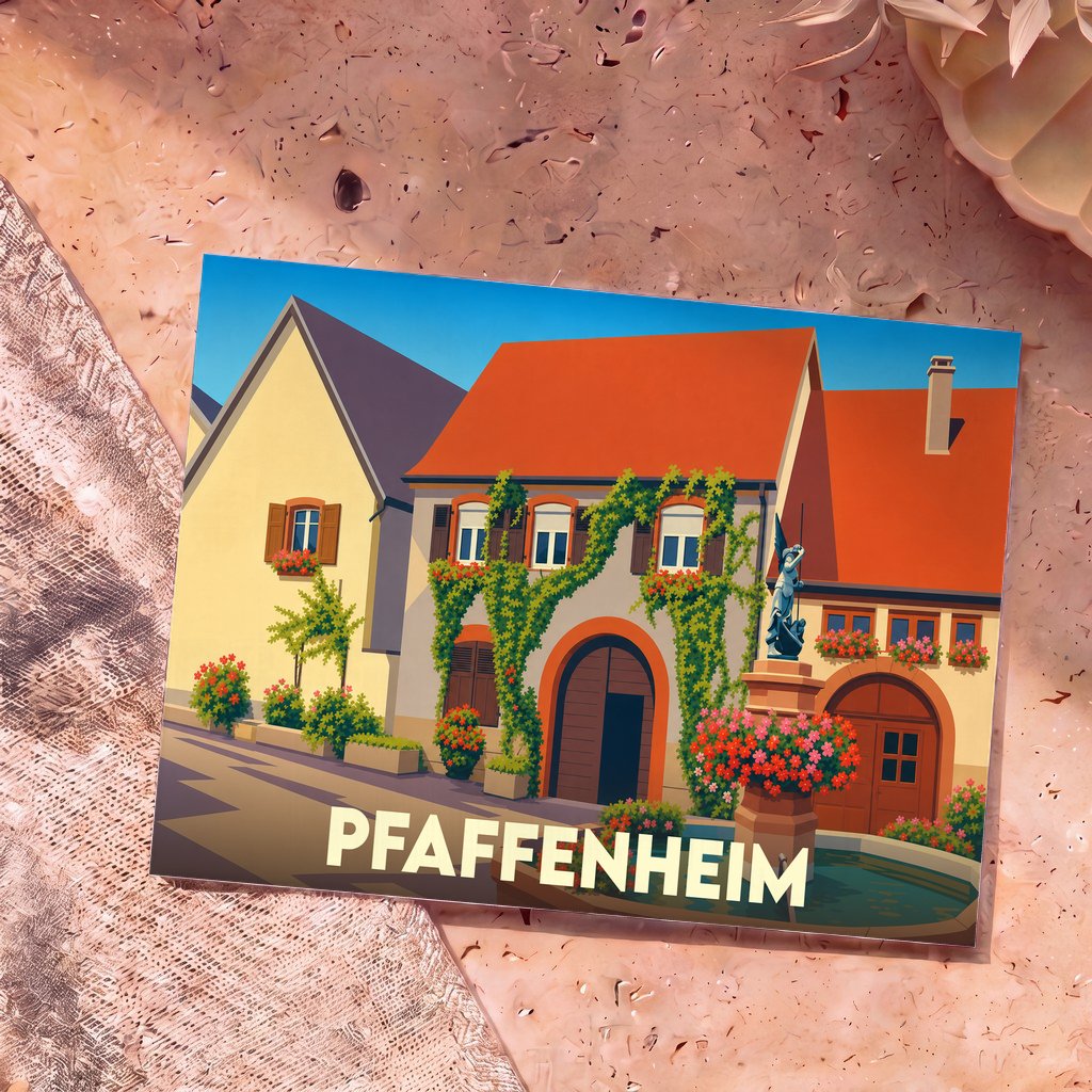 Carte postale souvenir de la ville de Pfaffenheim avec une illustration stylisée de maisons fleuries alsaciennes et d'une fontaine.
