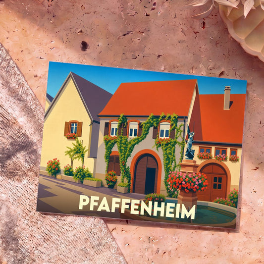 Carte postale souvenir de la ville de Pfaffenheim avec une illustration stylisée de maisons fleuries alsaciennes et d'une fontaine.