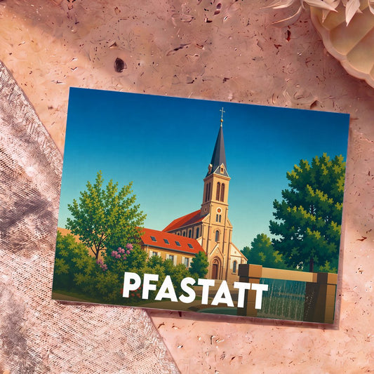Carte postale souvenir de la ville de Pfastatt illustrant son église avec un style graphique épuré.
