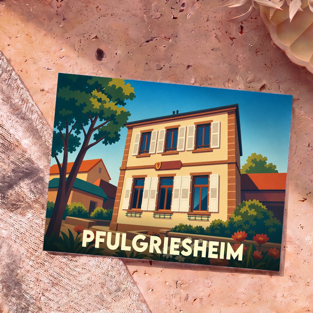 Carte postale souvenir de la ville de Pfulgriesheim avec une illustration stylisée de sa mairie.