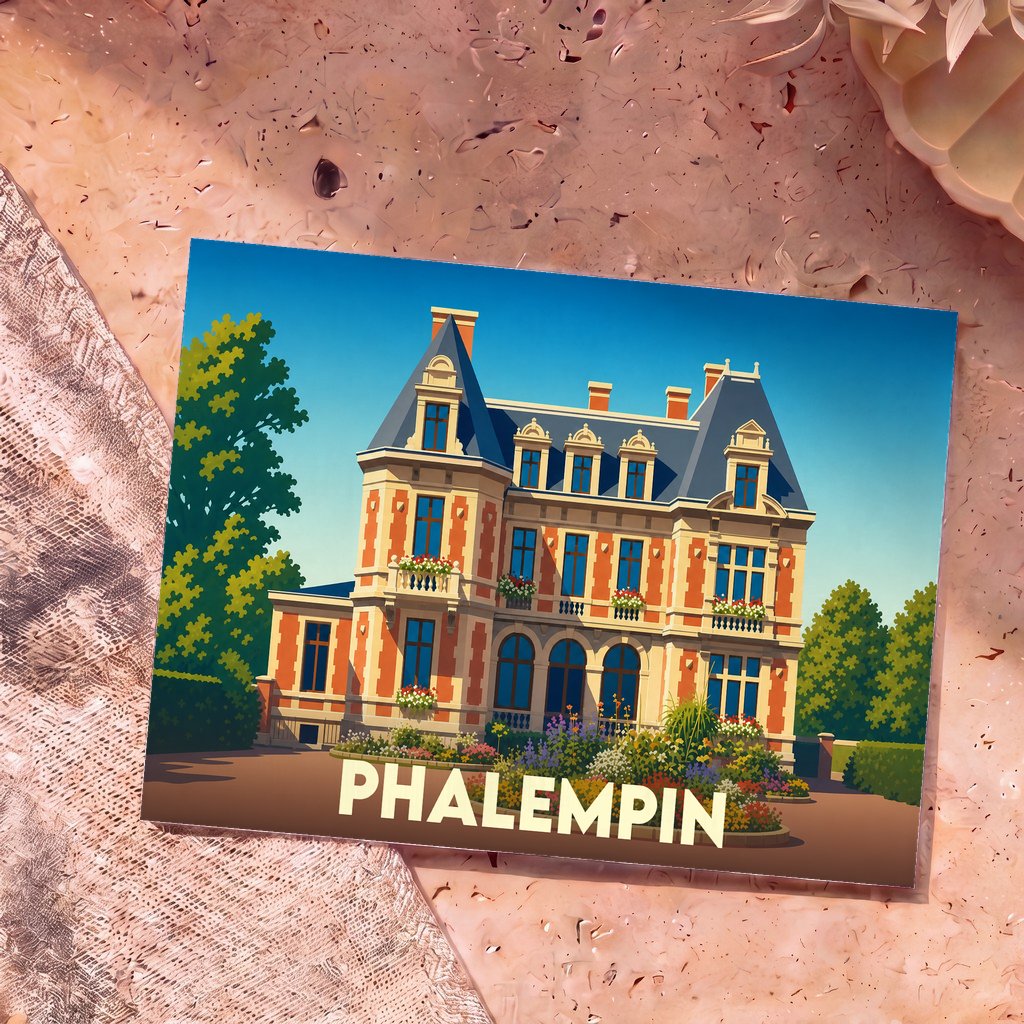 Carte postale souvenir de la ville de Phalempin avec une illustration stylisée d'un manoir en briques.